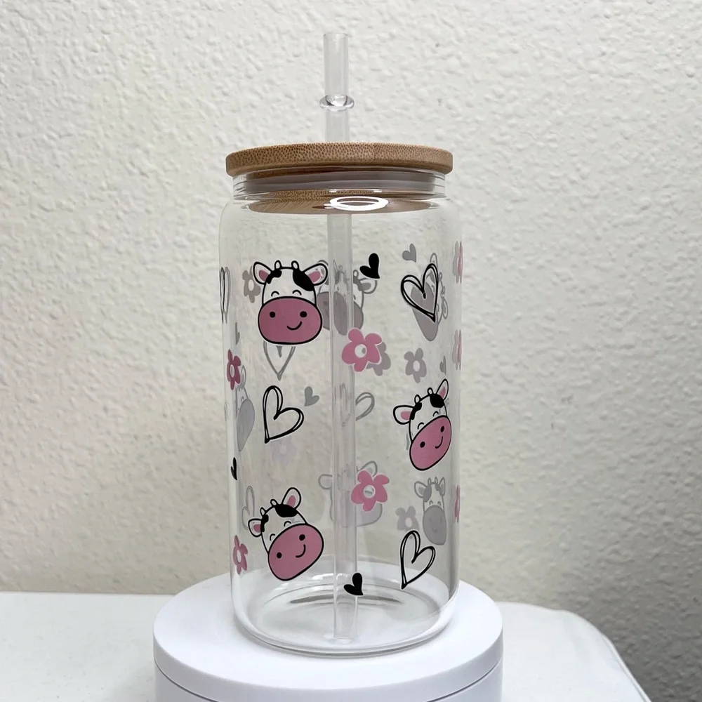 Cows and Heart Handmade Libbey Glass Cup - Picture 3 of 5